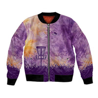 Custom Disc Golf Bomber Jacket with Purple Sunset Tie Dye Basket and Player Silhouette - Wonder Print Shop