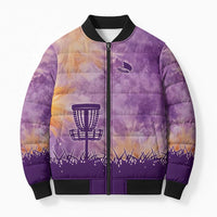 Custom Disc Golf Bomber Puffer Jacket with Purple Sunset Tie Dye Basket and Player Silhouette - Wonder Print Shop