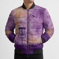 Custom Disc Golf Bomber Puffer Jacket with Purple Sunset Tie Dye Basket and Player Silhouette - Wonder Print Shop