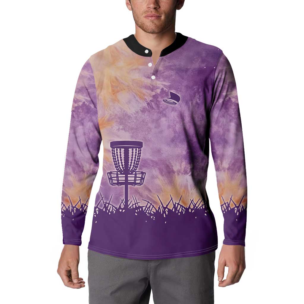 Custom Disc Golf Button Sweatshirt with Purple Sunset Tie Dye Basket and Player Silhouette - Wonder Print Shop