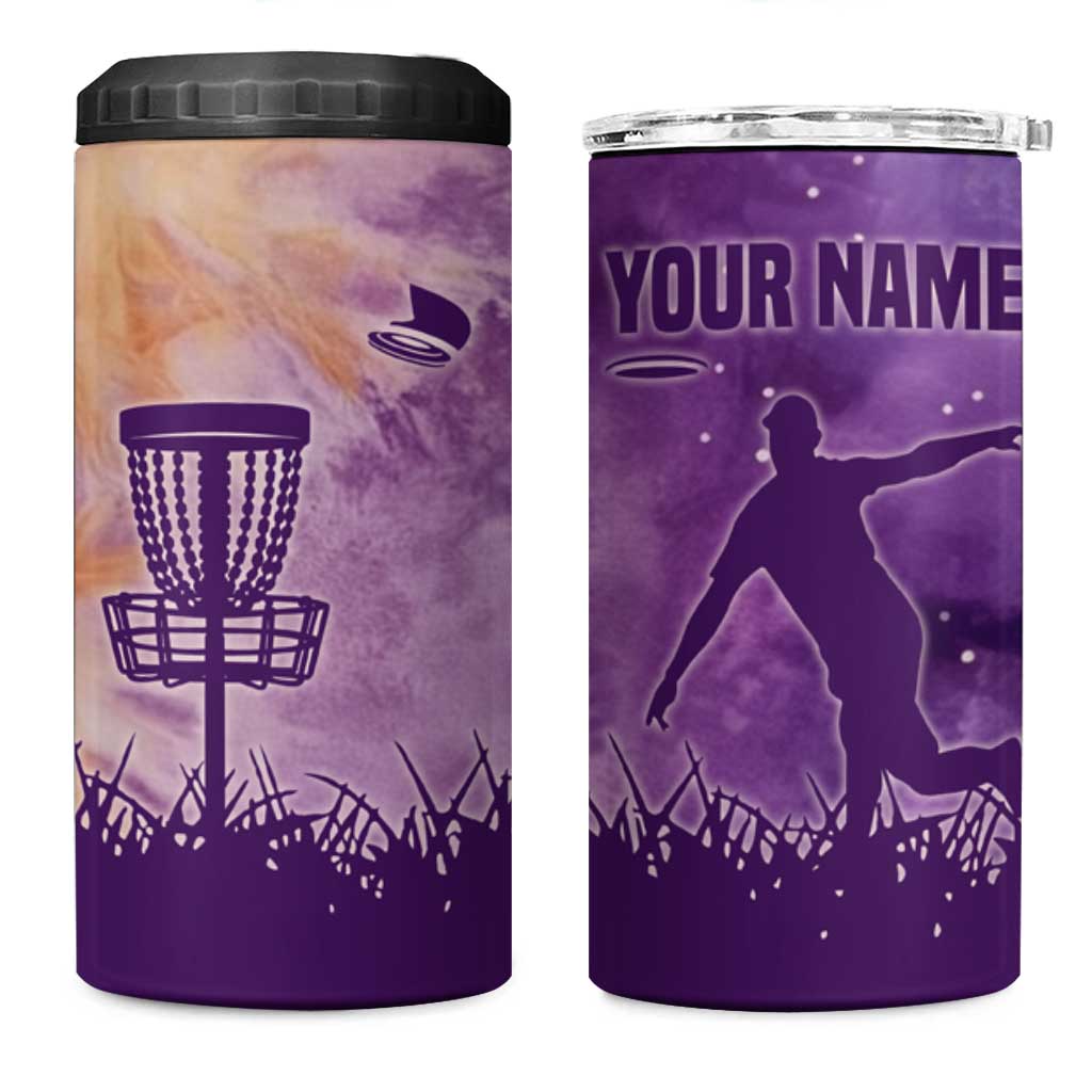 Custom Disc Golf 4 in 1 Can Cooler Tumbler with Purple Sunset Tie Dye Basket and Player Silhouette - Wonder Print Shop