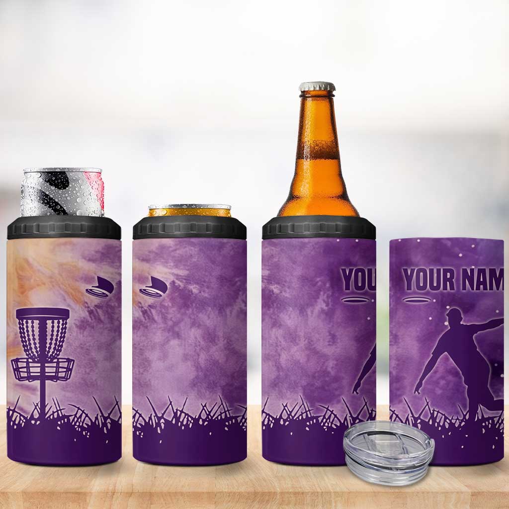 Custom Disc Golf 4 in 1 Can Cooler Tumbler with Purple Sunset Tie Dye Basket and Player Silhouette - Wonder Print Shop