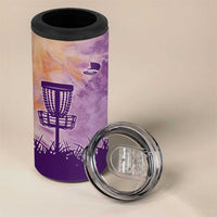Custom Disc Golf 4 in 1 Can Cooler Tumbler with Purple Sunset Tie Dye Basket and Player Silhouette - Wonder Print Shop