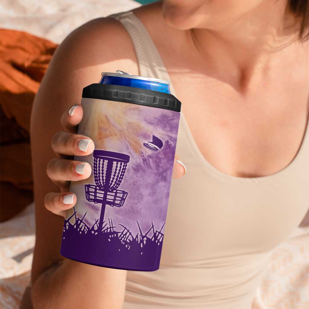 Custom Disc Golf 4 in 1 Can Cooler Tumbler with Purple Sunset Tie Dye Basket and Player Silhouette - Wonder Print Shop