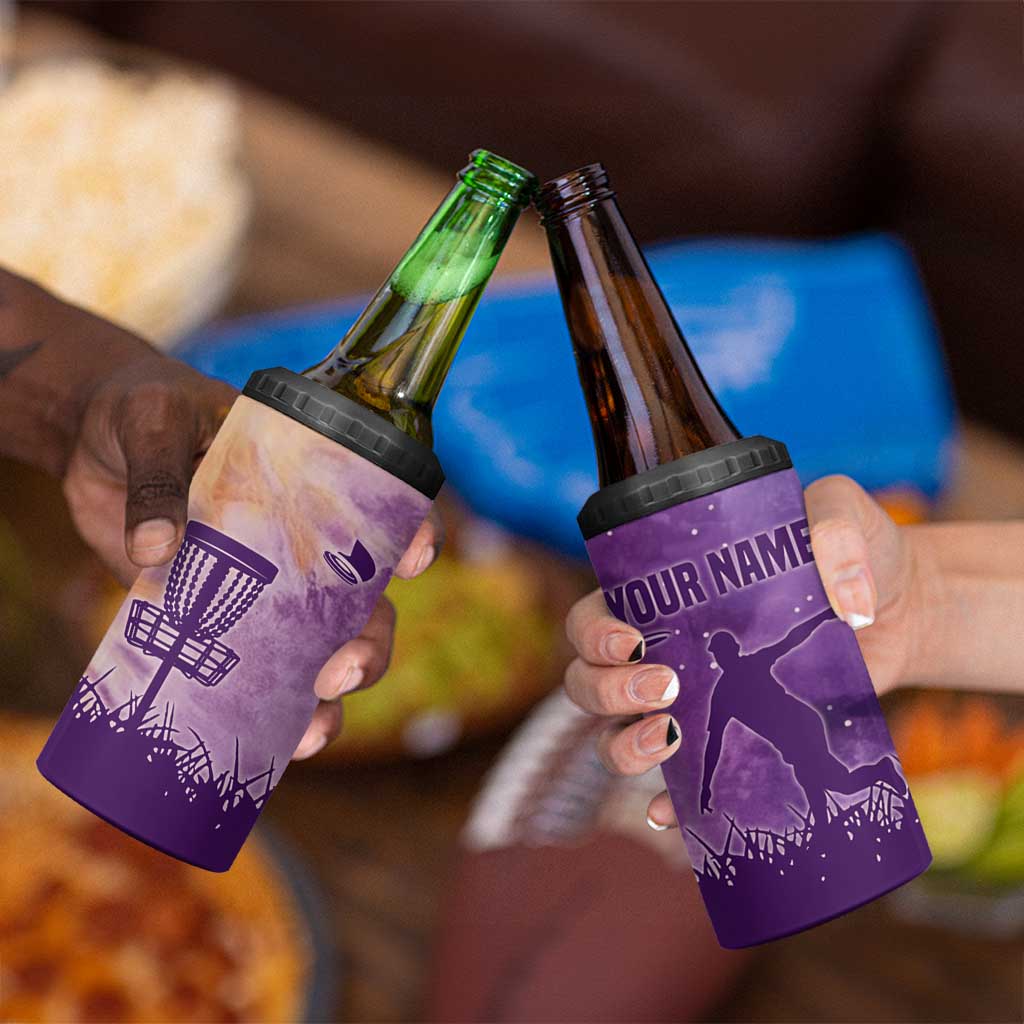 Custom Disc Golf 4 in 1 Can Cooler Tumbler with Purple Sunset Tie Dye Basket and Player Silhouette - Wonder Print Shop