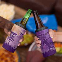 Custom Disc Golf 4 in 1 Can Cooler Tumbler with Purple Sunset Tie Dye Basket and Player Silhouette - Wonder Print Shop