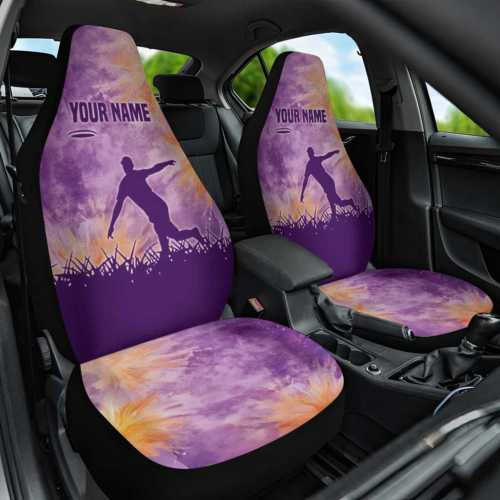 Custom Disc Golf Car Seat Cover with Purple Sunset Tie Dye Basket and Player Silhouette - Wonder Print Shop