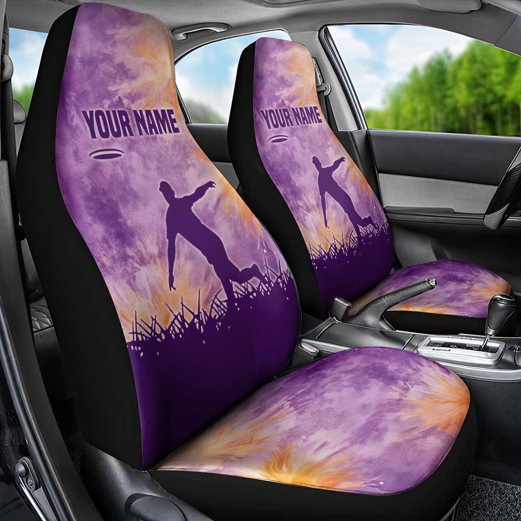 Custom Disc Golf Car Seat Cover with Purple Sunset Tie Dye Basket and Player Silhouette - Wonder Print Shop