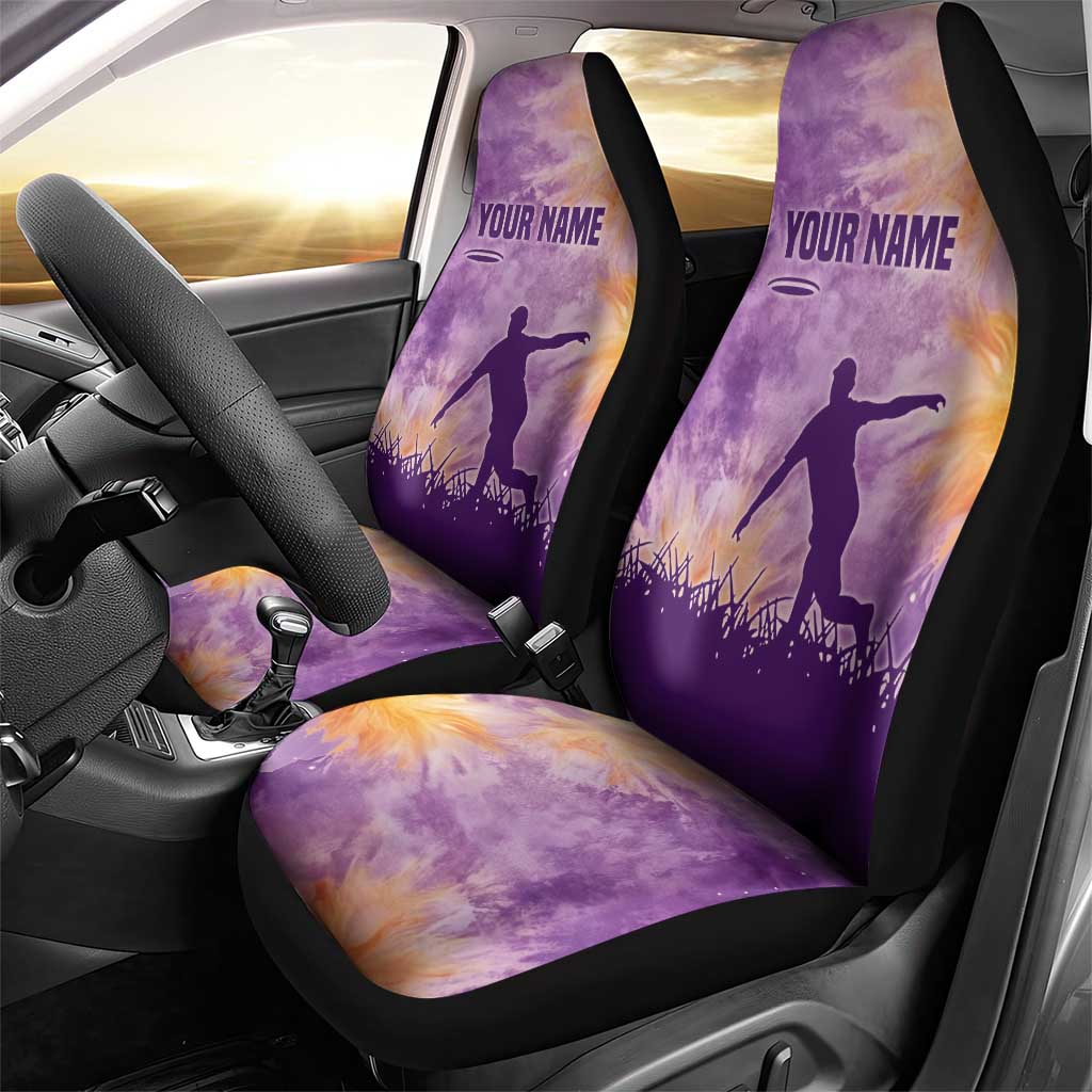 Custom Disc Golf Car Seat Cover with Purple Sunset Tie Dye Basket and Player Silhouette - Wonder Print Shop