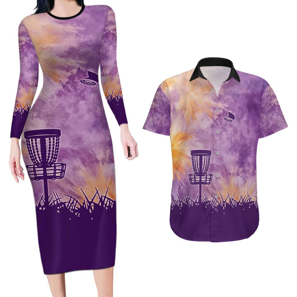 Custom Disc Golf Couples Matching Long Sleeve Bodycon Dress and Hawaiian Shirt with Purple Sunset Tie Dye Basket and Player Silhouette - Wonder Print Shop