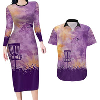 Custom Disc Golf Couples Matching Long Sleeve Bodycon Dress and Hawaiian Shirt with Purple Sunset Tie Dye Basket and Player Silhouette - Wonder Print Shop