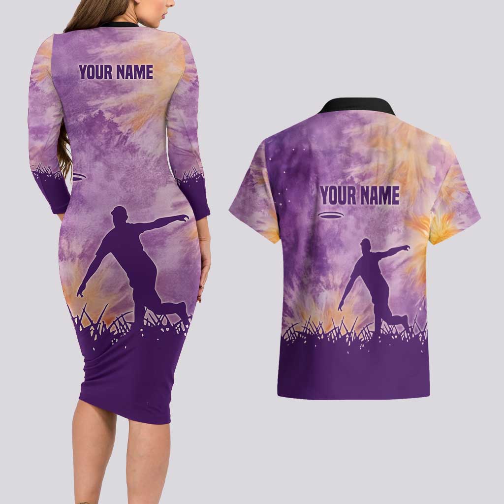 Custom Disc Golf Couples Matching Long Sleeve Bodycon Dress and Hawaiian Shirt with Purple Sunset Tie Dye Basket and Player Silhouette - Wonder Print Shop