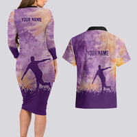 Custom Disc Golf Couples Matching Long Sleeve Bodycon Dress and Hawaiian Shirt with Purple Sunset Tie Dye Basket and Player Silhouette - Wonder Print Shop