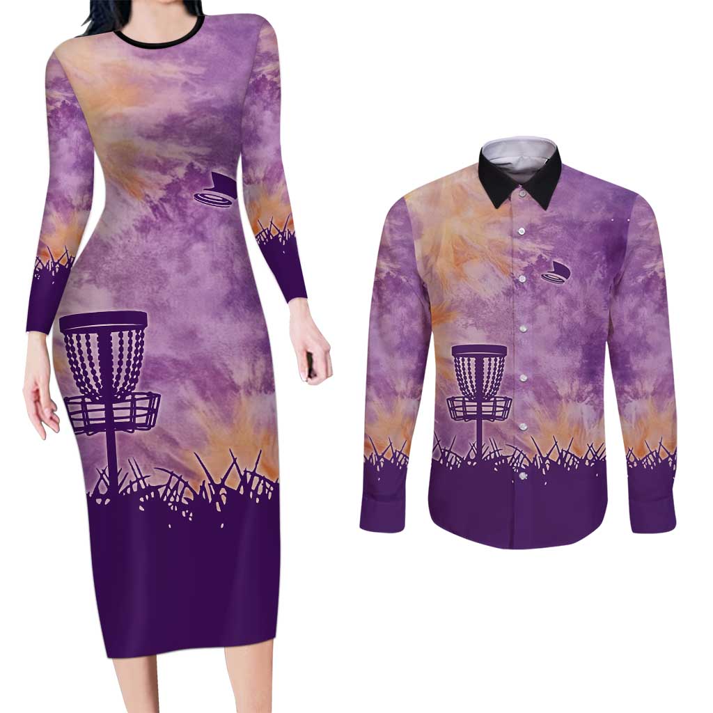 Custom Disc Golf Couples Matching Long Sleeve Bodycon Dress and Long Sleeve Button Shirt with Purple Sunset Tie Dye Basket and Player Silhouette - Wonder Print Shop