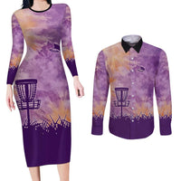 Custom Disc Golf Couples Matching Long Sleeve Bodycon Dress and Long Sleeve Button Shirt with Purple Sunset Tie Dye Basket and Player Silhouette - Wonder Print Shop
