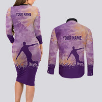 Custom Disc Golf Couples Matching Long Sleeve Bodycon Dress and Long Sleeve Button Shirt with Purple Sunset Tie Dye Basket and Player Silhouette - Wonder Print Shop