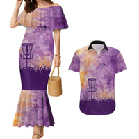 Custom Disc Golf Couples Matching Mermaid Dress and Hawaiian Shirt with Purple Sunset Tie Dye Basket and Player Silhouette - Wonder Print Shop