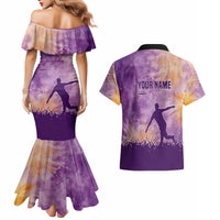 Custom Disc Golf Couples Matching Mermaid Dress and Hawaiian Shirt with Purple Sunset Tie Dye Basket and Player Silhouette - Wonder Print Shop