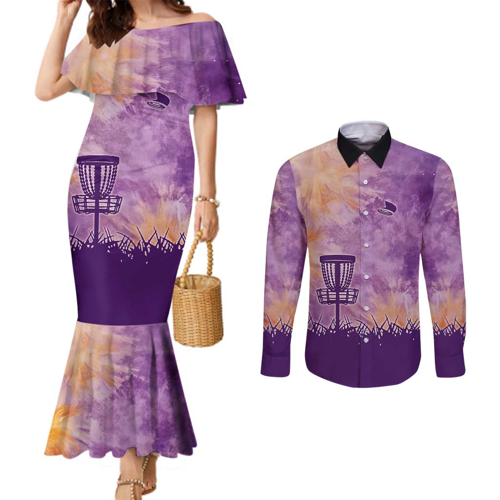 Custom Disc Golf Couples Matching Mermaid Dress and Long Sleeve Button Shirt with Purple Sunset Tie Dye Basket and Player Silhouette - Wonder Print Shop