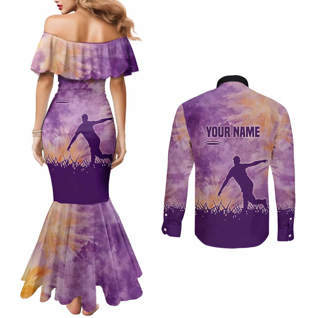 Custom Disc Golf Couples Matching Mermaid Dress and Long Sleeve Button Shirt with Purple Sunset Tie Dye Basket and Player Silhouette - Wonder Print Shop