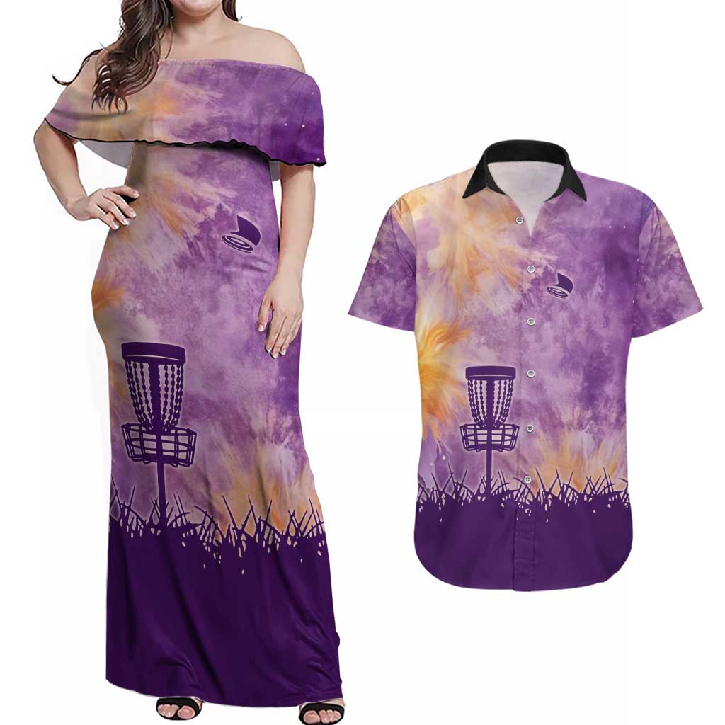 Custom Disc Golf Couples Matching Off Shoulder Maxi Dress and Hawaiian Shirt with Purple Sunset Tie Dye Basket and Player Silhouette - Wonder Print Shop