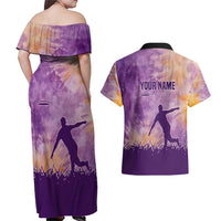 Custom Disc Golf Couples Matching Off Shoulder Maxi Dress and Hawaiian Shirt with Purple Sunset Tie Dye Basket and Player Silhouette - Wonder Print Shop