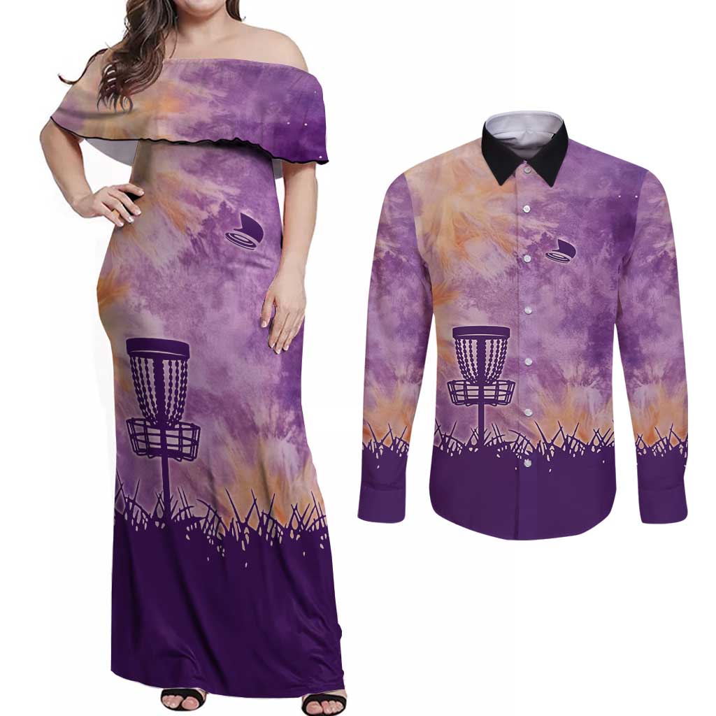 Custom Disc Golf Couples Matching Off Shoulder Maxi Dress and Long Sleeve Button Shirt with Purple Sunset Tie Dye Basket and Player Silhouette - Wonder Print Shop