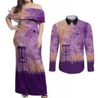 Custom Disc Golf Couples Matching Off Shoulder Maxi Dress and Long Sleeve Button Shirt with Purple Sunset Tie Dye Basket and Player Silhouette - Wonder Print Shop