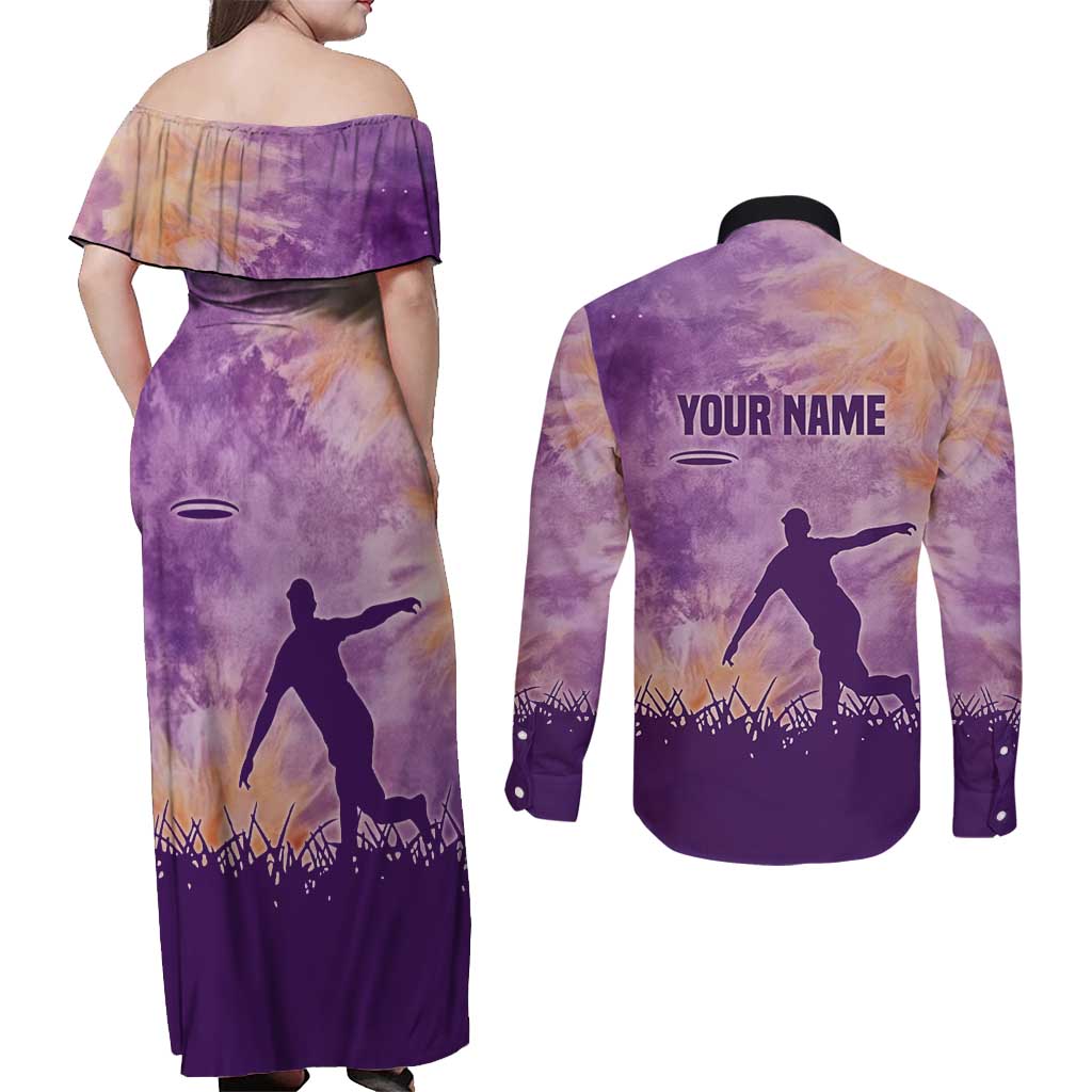 Custom Disc Golf Couples Matching Off Shoulder Maxi Dress and Long Sleeve Button Shirt with Purple Sunset Tie Dye Basket and Player Silhouette - Wonder Print Shop