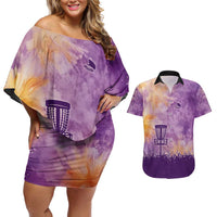 Custom Disc Golf Couples Matching Off Shoulder Short Dress and Hawaiian Shirt with Purple Sunset Tie Dye Basket and Player Silhouette - Wonder Print Shop