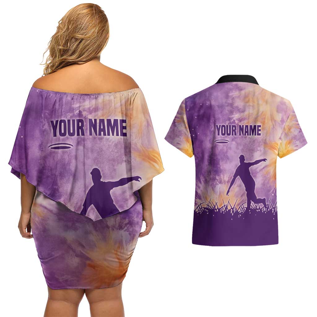 Custom Disc Golf Couples Matching Off Shoulder Short Dress and Hawaiian Shirt with Purple Sunset Tie Dye Basket and Player Silhouette - Wonder Print Shop