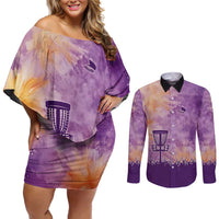 Custom Disc Golf Couples Matching Off Shoulder Short Dress and Long Sleeve Button Shirt with Purple Sunset Tie Dye Basket and Player Silhouette - Wonder Print Shop