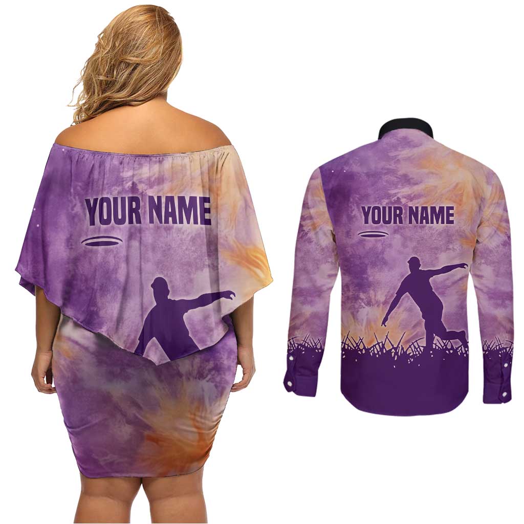 Custom Disc Golf Couples Matching Off Shoulder Short Dress and Long Sleeve Button Shirt with Purple Sunset Tie Dye Basket and Player Silhouette - Wonder Print Shop