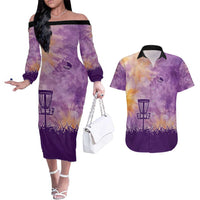 Custom Disc Golf Couples Matching Off The Shoulder Long Sleeve Dress and Hawaiian Shirt with Purple Sunset Tie Dye Basket and Player Silhouette - Wonder Print Shop