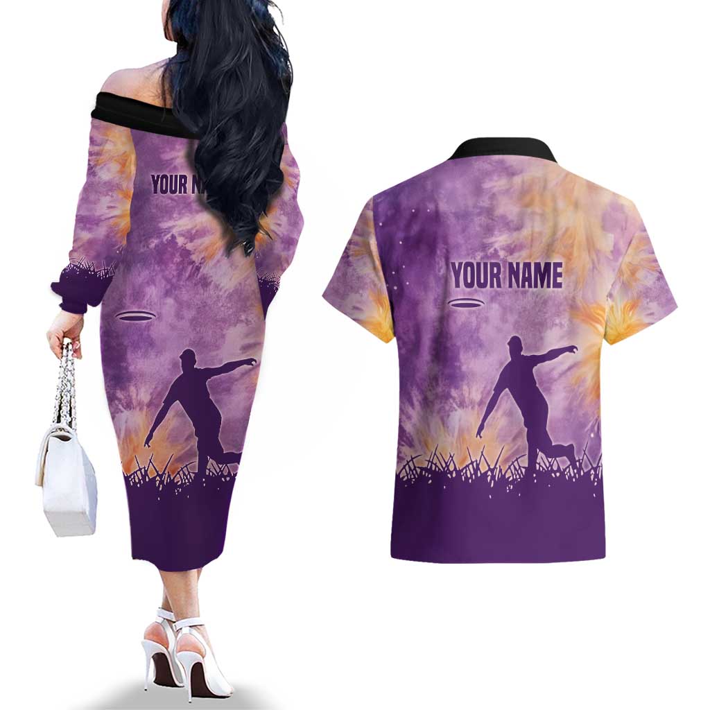 Custom Disc Golf Couples Matching Off The Shoulder Long Sleeve Dress and Hawaiian Shirt with Purple Sunset Tie Dye Basket and Player Silhouette - Wonder Print Shop