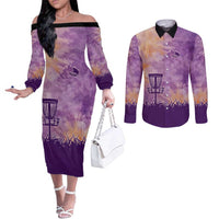 Custom Disc Golf Couples Matching Off The Shoulder Long Sleeve Dress and Long Sleeve Button Shirt with Purple Sunset Tie Dye Basket and Player Silhouette - Wonder Print Shop