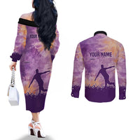 Custom Disc Golf Couples Matching Off The Shoulder Long Sleeve Dress and Long Sleeve Button Shirt with Purple Sunset Tie Dye Basket and Player Silhouette - Wonder Print Shop