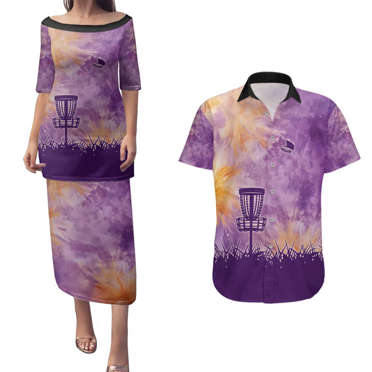 Custom Disc Golf Couples Matching Puletasi and Hawaiian Shirt with Purple Sunset Tie Dye Basket and Player Silhouette - Wonder Print Shop