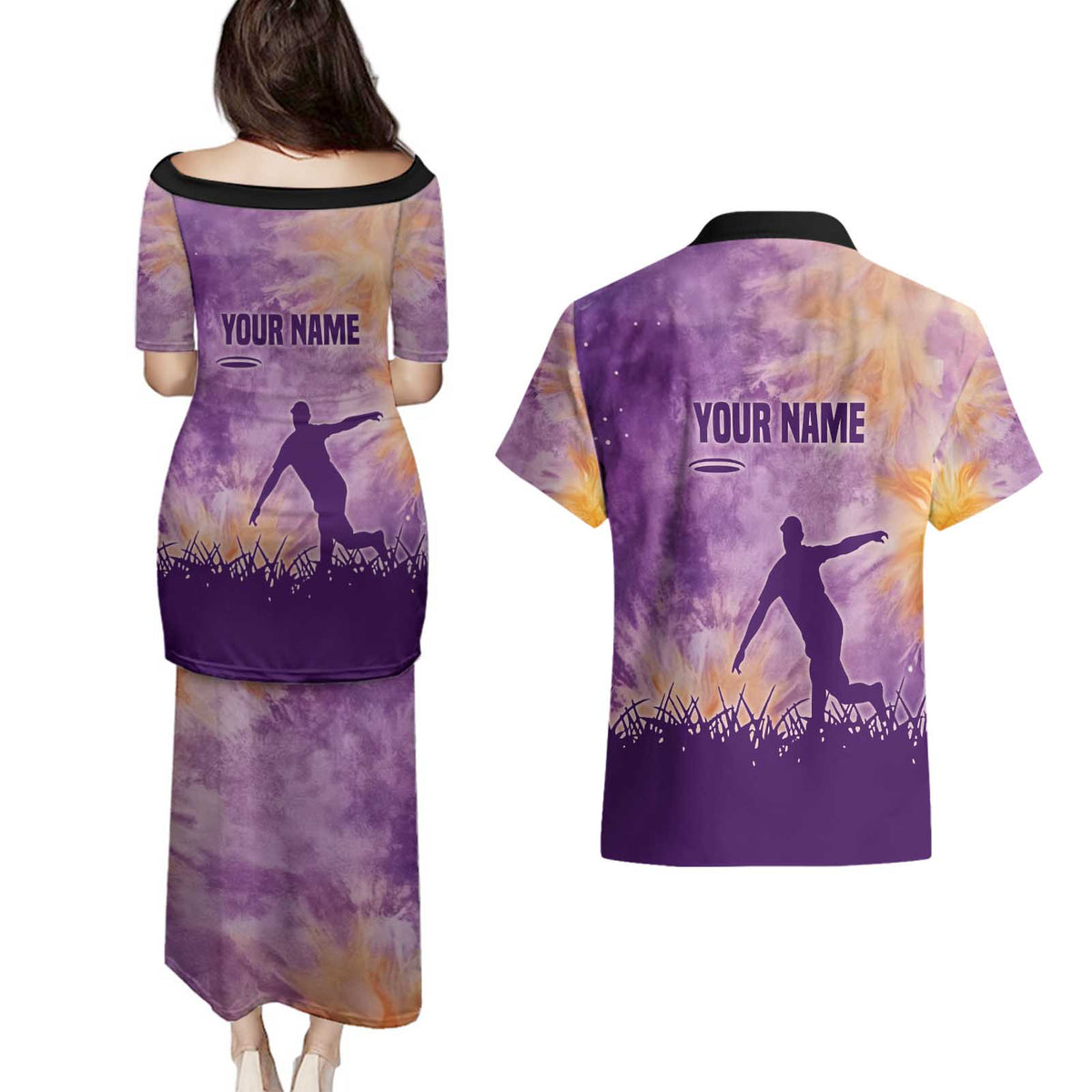 Custom Disc Golf Couples Matching Puletasi and Hawaiian Shirt with Purple Sunset Tie Dye Basket and Player Silhouette - Wonder Print Shop