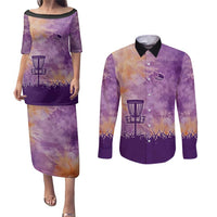 Custom Disc Golf Couples Matching Puletasi and Long Sleeve Button Shirt with Purple Sunset Tie Dye Basket and Player Silhouette - Wonder Print Shop