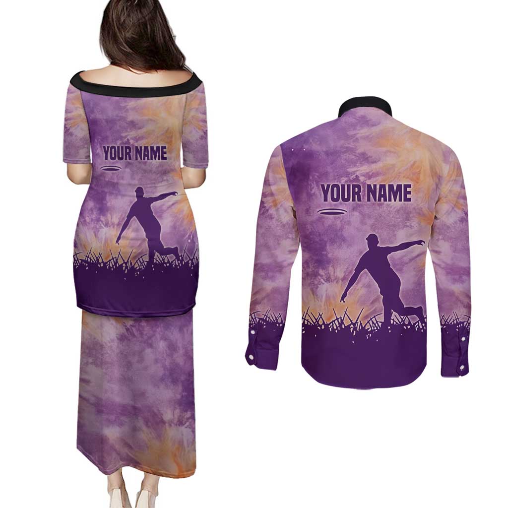 Custom Disc Golf Couples Matching Puletasi and Long Sleeve Button Shirt with Purple Sunset Tie Dye Basket and Player Silhouette - Wonder Print Shop