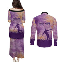 Custom Disc Golf Couples Matching Puletasi and Long Sleeve Button Shirt with Purple Sunset Tie Dye Basket and Player Silhouette - Wonder Print Shop