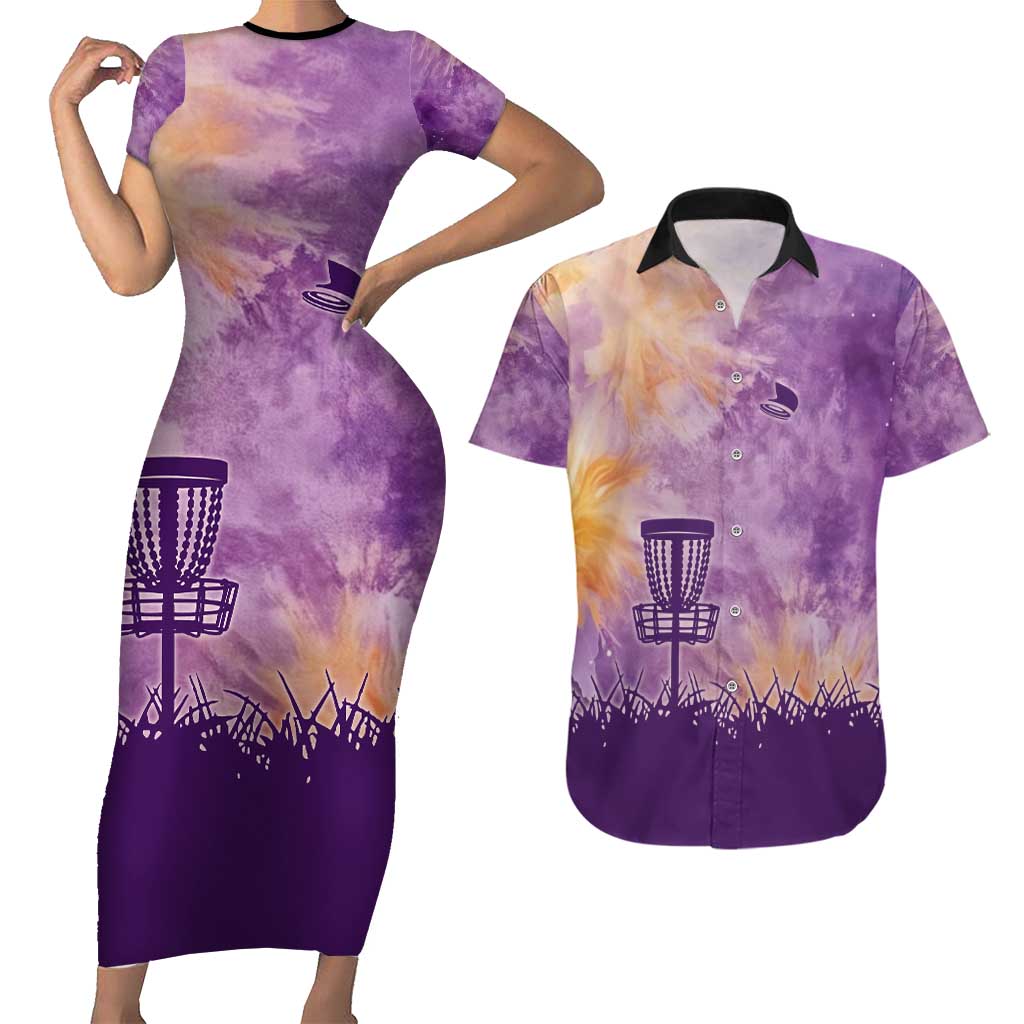 Custom Disc Golf Couples Matching Short Sleeve Bodycon Dress and Hawaiian Shirt with Purple Sunset Tie Dye Basket and Player Silhouette - Wonder Print Shop