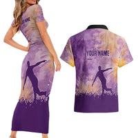 Custom Disc Golf Couples Matching Short Sleeve Bodycon Dress and Hawaiian Shirt with Purple Sunset Tie Dye Basket and Player Silhouette - Wonder Print Shop