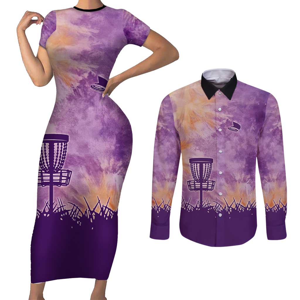Custom Disc Golf Couples Matching Short Sleeve Bodycon Dress and Long Sleeve Button Shirt with Purple Sunset Tie Dye Basket and Player Silhouette - Wonder Print Shop