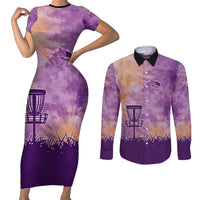 Custom Disc Golf Couples Matching Short Sleeve Bodycon Dress and Long Sleeve Button Shirt with Purple Sunset Tie Dye Basket and Player Silhouette - Wonder Print Shop