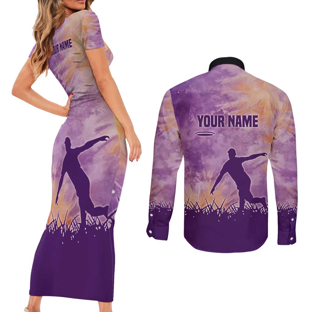 Custom Disc Golf Couples Matching Short Sleeve Bodycon Dress and Long Sleeve Button Shirt with Purple Sunset Tie Dye Basket and Player Silhouette - Wonder Print Shop