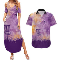 Custom Disc Golf Couples Matching Summer Maxi Dress and Hawaiian Shirt with Purple Sunset Tie Dye Basket and Player Silhouette - Wonder Print Shop