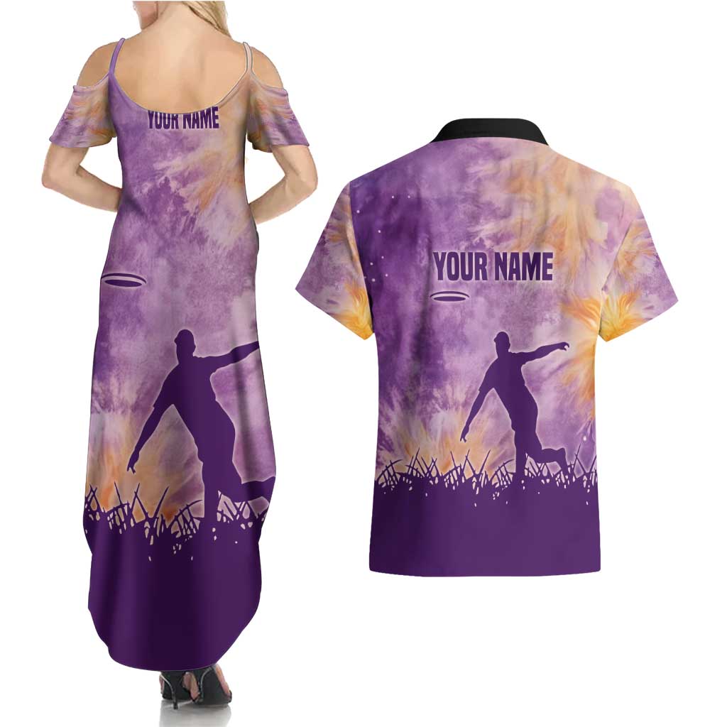 Custom Disc Golf Couples Matching Summer Maxi Dress and Hawaiian Shirt with Purple Sunset Tie Dye Basket and Player Silhouette - Wonder Print Shop