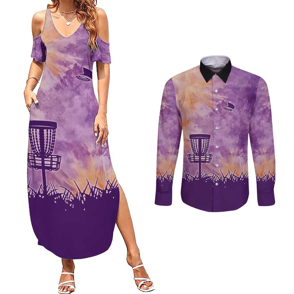 Custom Disc Golf Couples Matching Summer Maxi Dress and Long Sleeve Button Shirt with Purple Sunset Tie Dye Basket and Player Silhouette - Wonder Print Shop